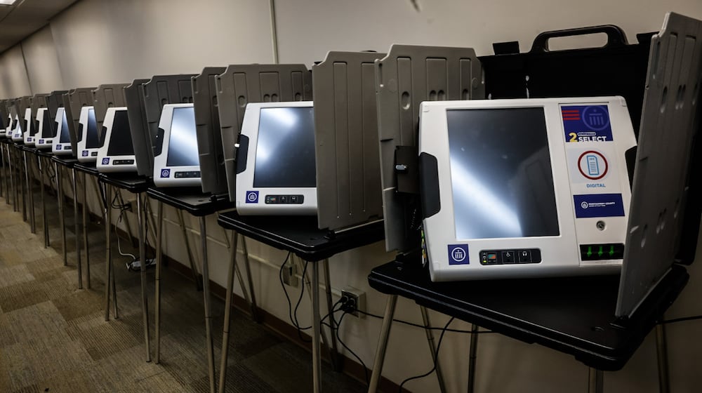 Electronic voting machines were lined-up and ready to go during the 2024 general election at the Montgomery County Board of Elections on East Third Street. JIM NOELKER/STAFF