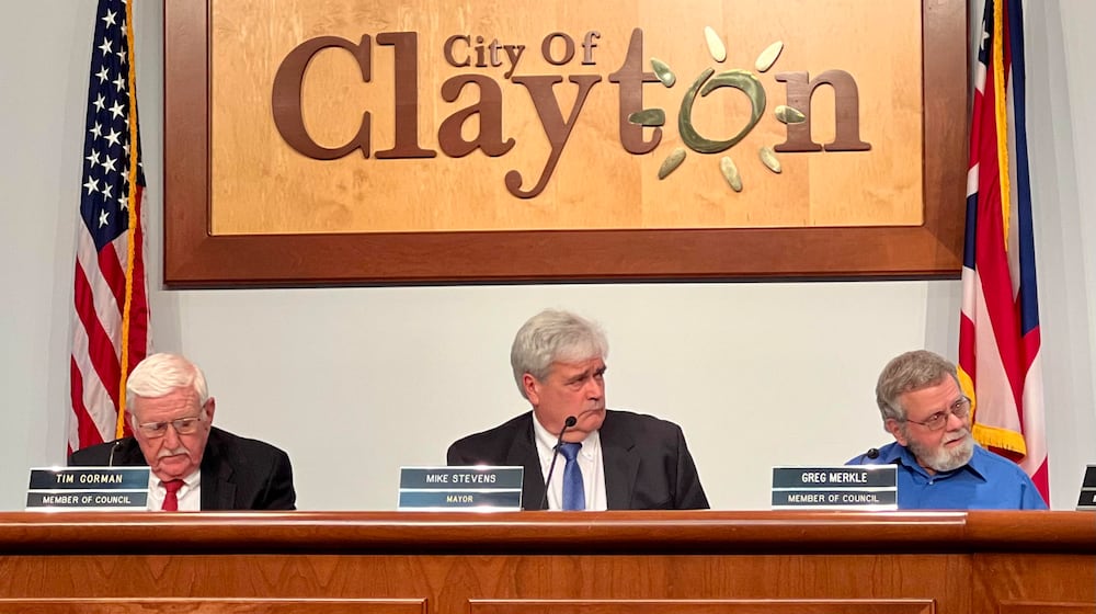 Clayton Mayor Mike Stevens, center, along with councilmen Tim Gorman and Greg Merkle. FILE