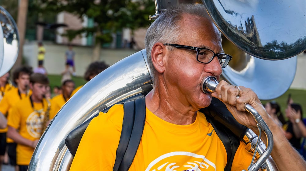 Kent Broussard performs with The Golden Band from Tigerland as they head down Victory Hill for a final run-through before the start of the season Sunday, August 24, 2025 in Baton Rouge, La. (Michael Johnson/The Times-Picayune/The New Orleans Advocate via AP)