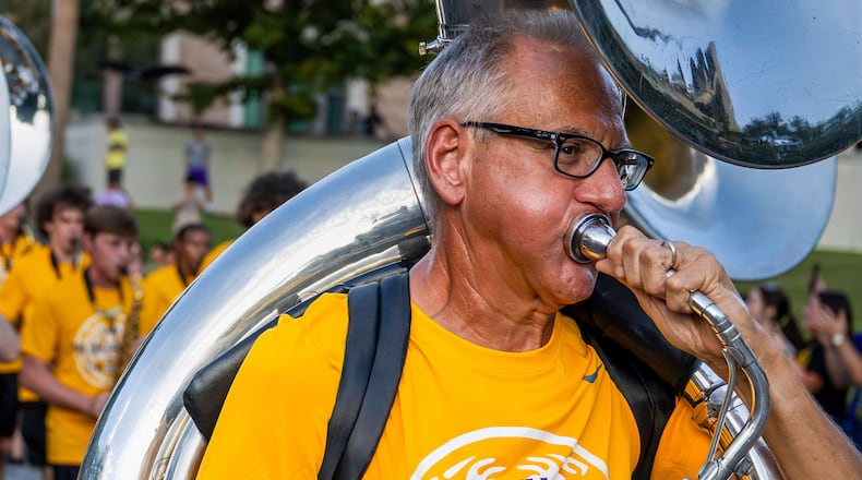 Kent Broussard performs with The Golden Band from Tigerland as they head down Victory Hill for a final run-through before the start of the season Sunday, August 24, 2025 in Baton Rouge, La. (Michael Johnson/The Times-Picayune/The New Orleans Advocate via AP)