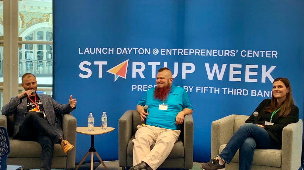 From left: Jordan Roe, Luis Estevez, and Abby McInturf talk about raising capital for local research and technology at Launch Dayton Startup Week, Sept. 11, 2024. LONDON BISHOP/STAFF