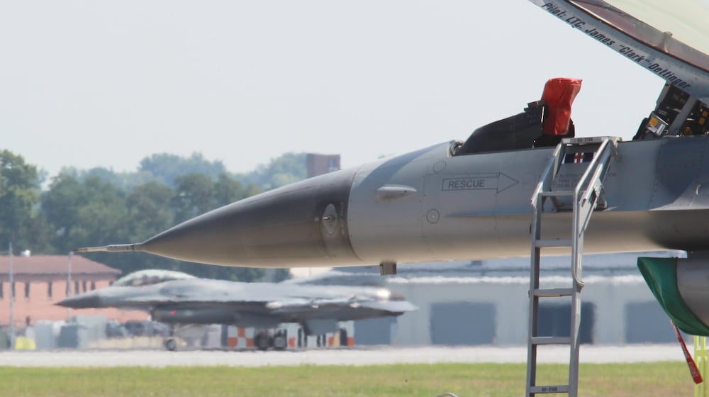 F-16 crews from the Ohio Air National Guard's 180th Fighter Wing flew training missions out of Wright-Patterson Air Force Base in 2013 as their home runway at Toledo Express Airport was repaved. FILE 