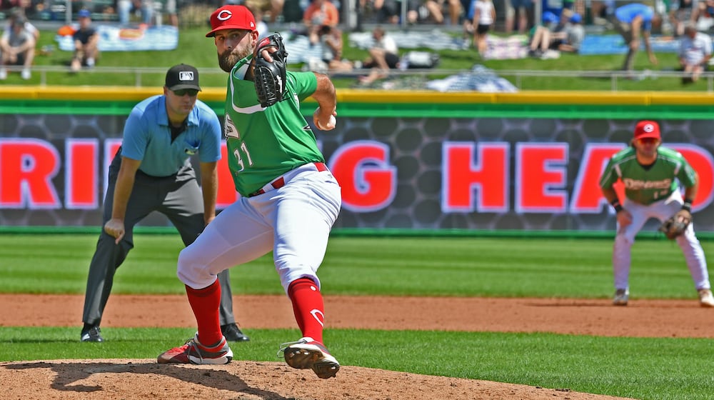 Tejay Antone, on a rehab assignment for the Reds, kept runs off the scoreboard in 1 2/3 innings to help the Dragons beat Peoria 3-2 in 11 innings Sunday at Day Air Ballpark. JEFF GILBERT/CONTRIBUTED