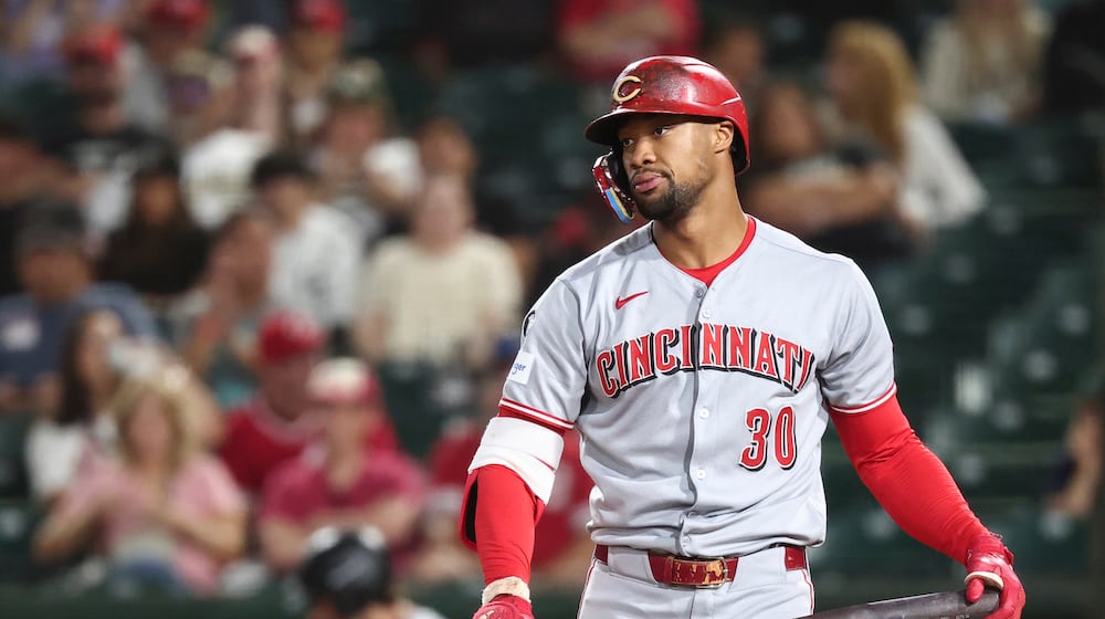 Cincinnati Reds' Will Benson reacts to striking out during the eighth inning of a baseball game against the Athletics Friday, Sept. 12, 2025, in West Sacramento, Calif. (AP Photo/Sara Nevis)