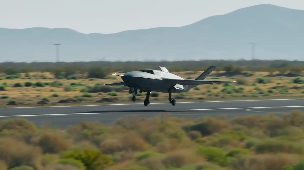 A YFQ-42A Collaborative Combat Aircraft takes off during flight testing in California. The aircraft was developed in partnership with General Atomics as part of the Air Force’s effort to accelerate delivery of affordable, semi-autonomous aircraft. (Air Force photo)