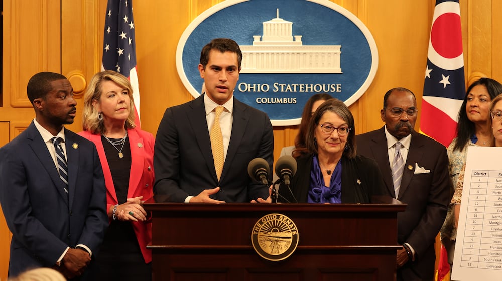 House Minority Leader Dani Isaacsohn, D-Cincinnati, (center left) and Senate Minority Leader Nickie Antonio, D-Lakewood (center right) speak at a Sept. 9 press conference where they unveiled Ohio Democrats' first congressional redistricting proposal. Courtesy Ohio House Democratic Caucus.