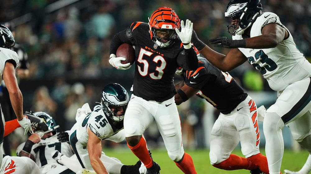 Cincinnati Bengals linebacker Joe Giles-Harris runs with the ball during the second half of an NFL preseason football game against the Philadelphia Eagles on Thursday, Aug. 7, 2025, in Philadelphia. (AP Photo/Matt Rourke)