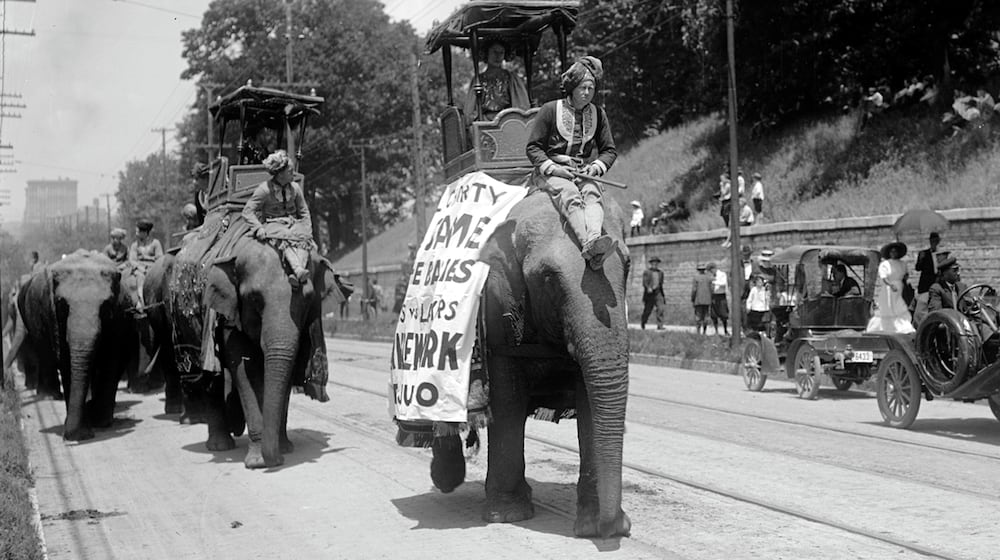 This undated photograph shows elephants in circus parade along Main St. near the Montgomery County Fairgrounds. PHOTO COURTESY OF THE NCR ARCHIVE AT DAYTON HISTORY