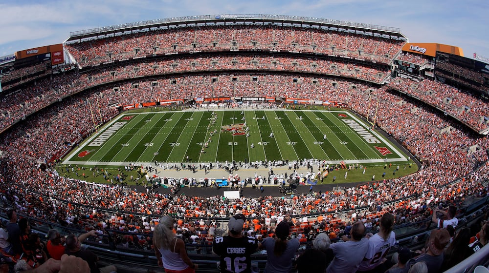 Cleveland Browns fans watch the kickoff of an NFL football game between the Cleveland Browns and the New York Jets, Sunday, Sept. 18, 2022, at First Energy Stadium in Cleveland. (AP Photo/Keith Srakocic)