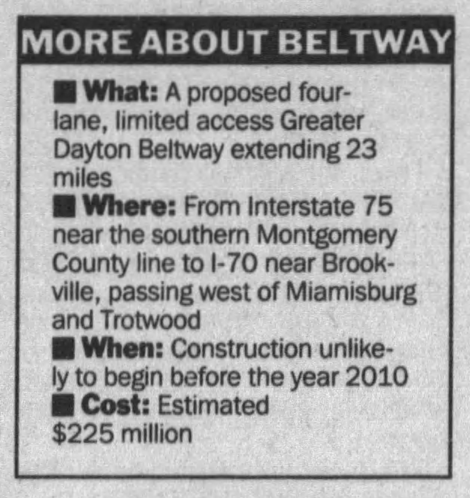 An infographic about the western section of the Greater Dayton Beltway. DAYTON DAILY NEWS 1994.