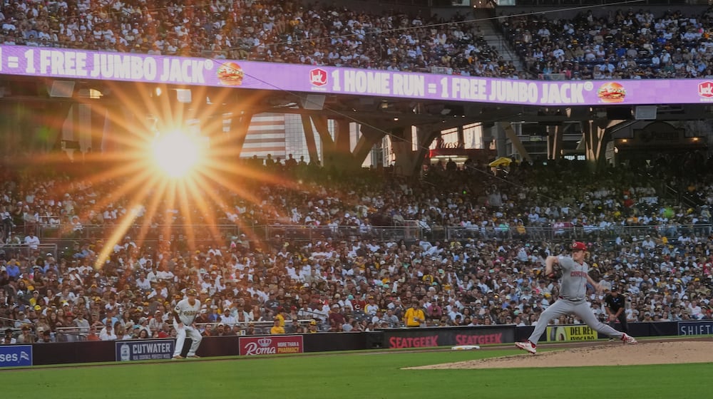 Cincinnati Reds starting pitcher Andrew Abbott works against a San Diego Padres batter during the fourth inning of a baseball game Wednesday, Sept. 10, 2025, in San Diego. (AP Photo/Gregory Bull)