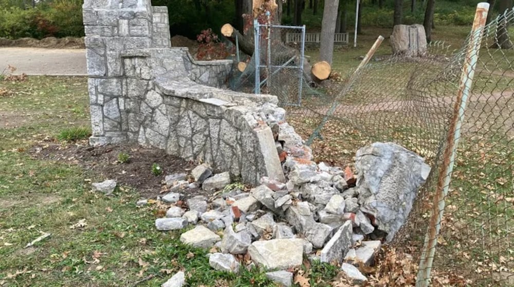 A massive tree limb damaged the entrance to the Victory Oak Knoll World War I memorial at Community Golf Course during a storm in the fall of 2024. The grove of 180 oak trees was planted in 1921. CONTRIBUTED