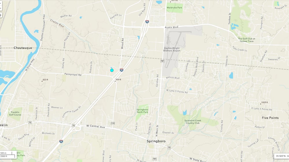 The U.S. Geological Survey reported a minor earthquake in northwest Springboro late Sunday morning on Aug. 31, 2025. Map courtesy the U.S. Geological Survey.