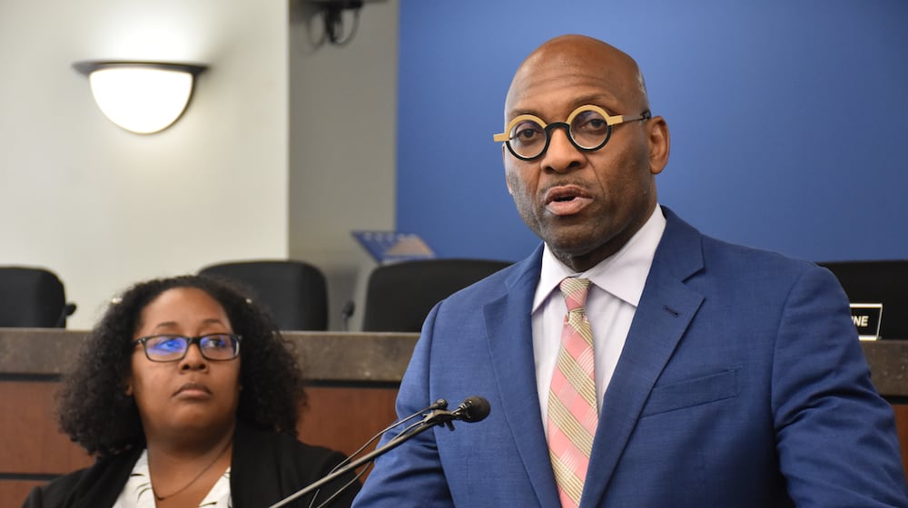 On Aug. 29, 2025 Dayton Public Schools Superintendent David Lawrence and Board of Education President Chrisondra Goodwine discuss the school district's plan to purchase Greater Dayton RTA bus passes after a court ruled in the district's favor. CORNELIUS FROLIK / STAFF