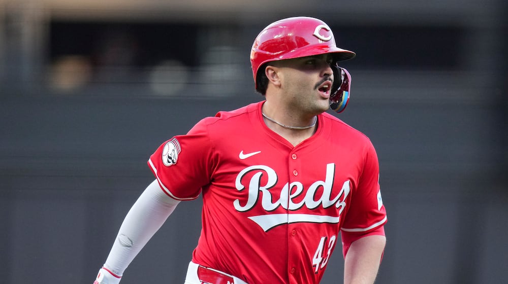 Cincinnati Reds' Sal Stewart reacts as he rounds the bases after hitting a two-run home run during the second inning of a baseball game against the New York Mets, Saturday, Sept. 6, 2025, in Cincinnati. (AP Photo/Jeff Dean)