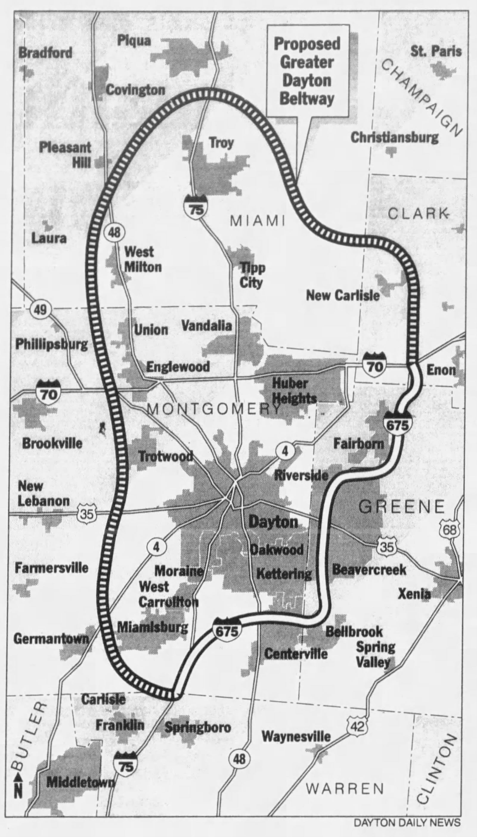 The proposed route of the Greater Dayton Beltway in 1993. DAYTON DAILY NEWS ARCHVIES.