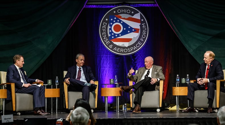 A scene from the Ohio Defense Forum in 2023. From left, U.S. Rep. Mike Turner, Tim Grason, Gen. T. Michael "Buzz" Moseley and Lt. Gen. Robert McMurry. JIM NOELKER/STAFF