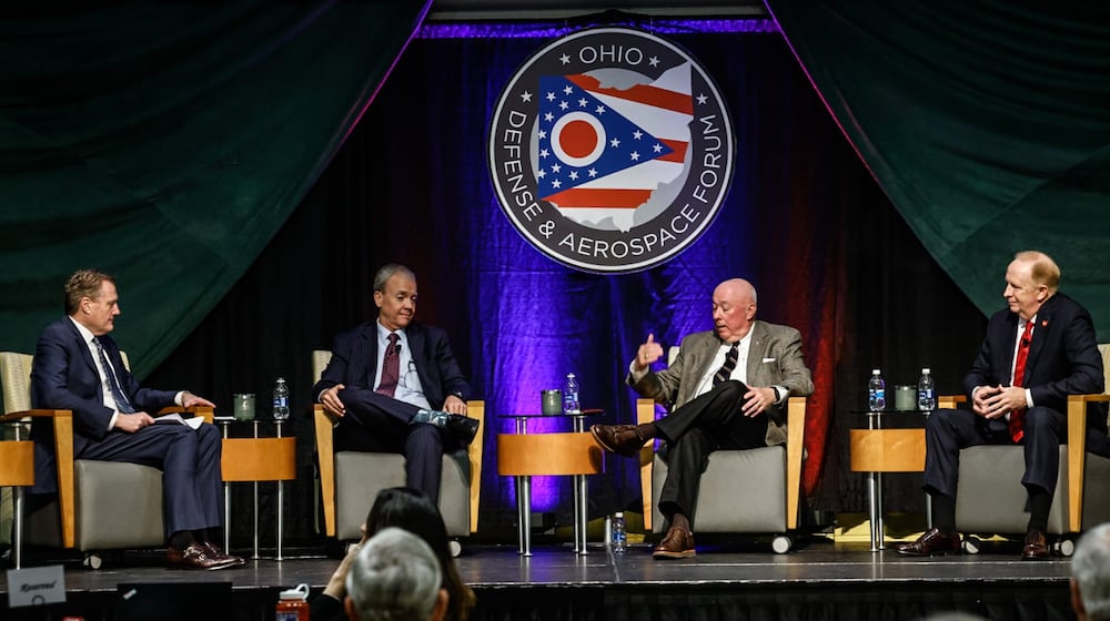 A scene from the Ohio Defense Forum in 2023. From left, U.S. Rep. Mike Turner, Tim Grason, Gen. T. Michael "Buzz" Moseley and Lt. Gen. Robert McMurry. JIM NOELKER/STAFF