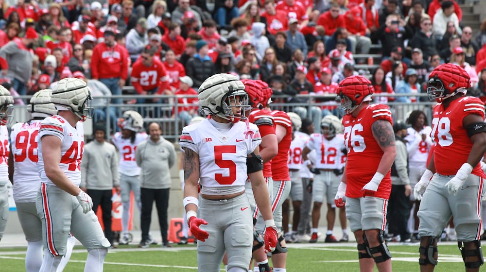 Springfield native Aaron Scott Jr. in the Ohio State football spring game 2025 in Columbus, Ohio, April 12, 2025