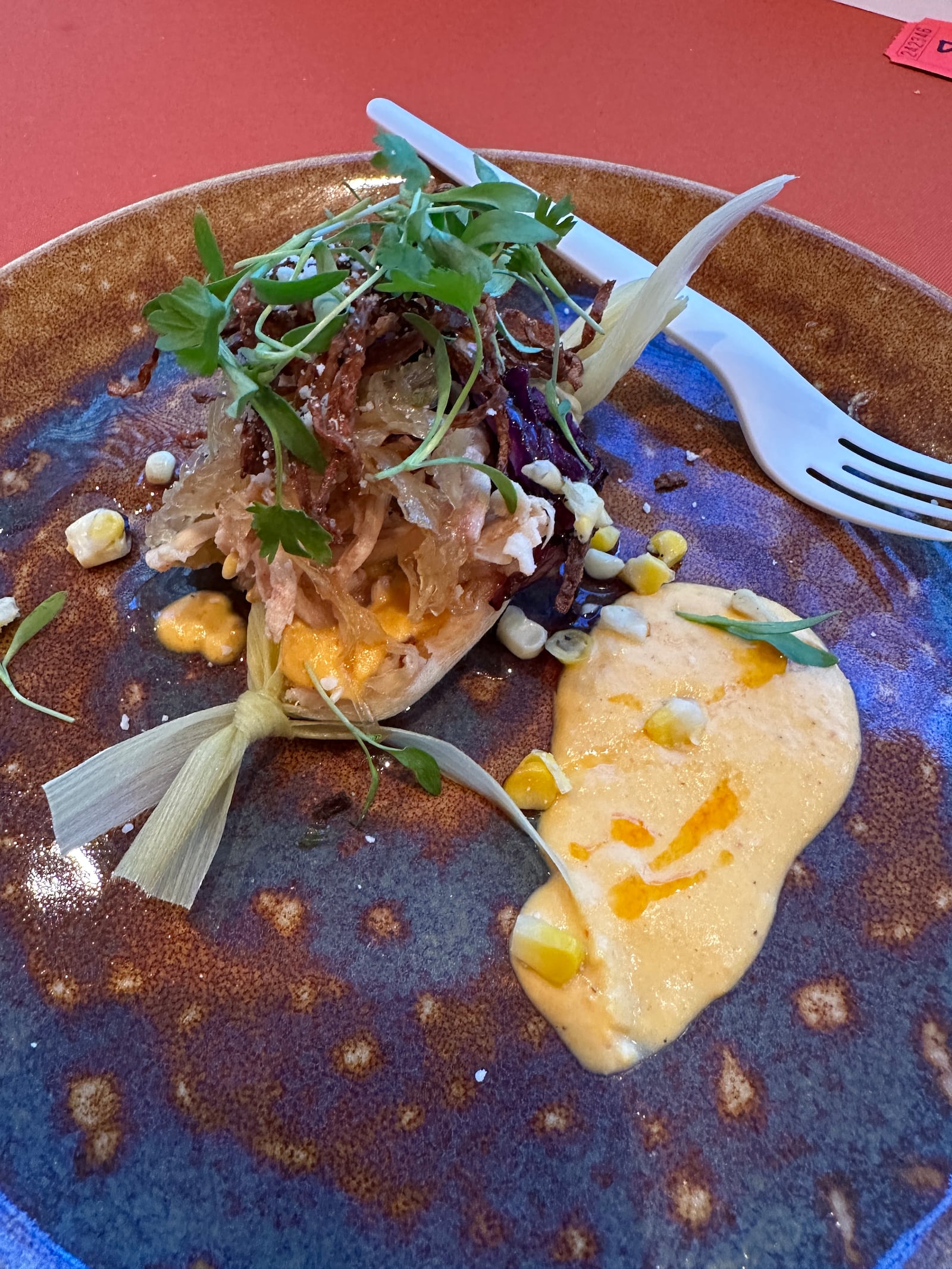 James Blythe from Otterbein SeniorLife made a corn tamale that was filled with shredded turkey and wrapped in fresh corn husk. It was topped with candied red and green cabbage and cilantro (MIAMI VALLEY MEALS)