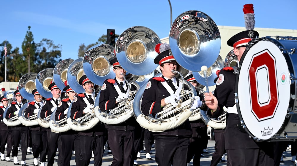 The Ohio State University Marching Band performs at a previous Rose Parade in Pasadena, Calif. FILE/AP