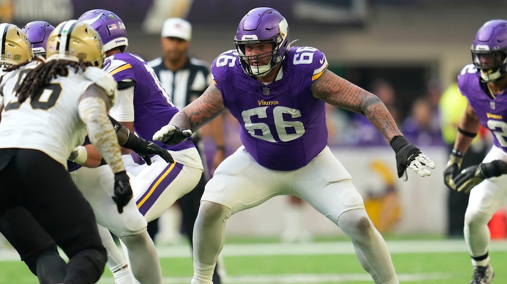 Minnesota Vikings guard Dalton Risner (66) plays during the first half of an NFL football game against the New Orleans Saints, Sunday, Nov. 12, 2023, in Minneapolis. Abbie Parr/AP Photo