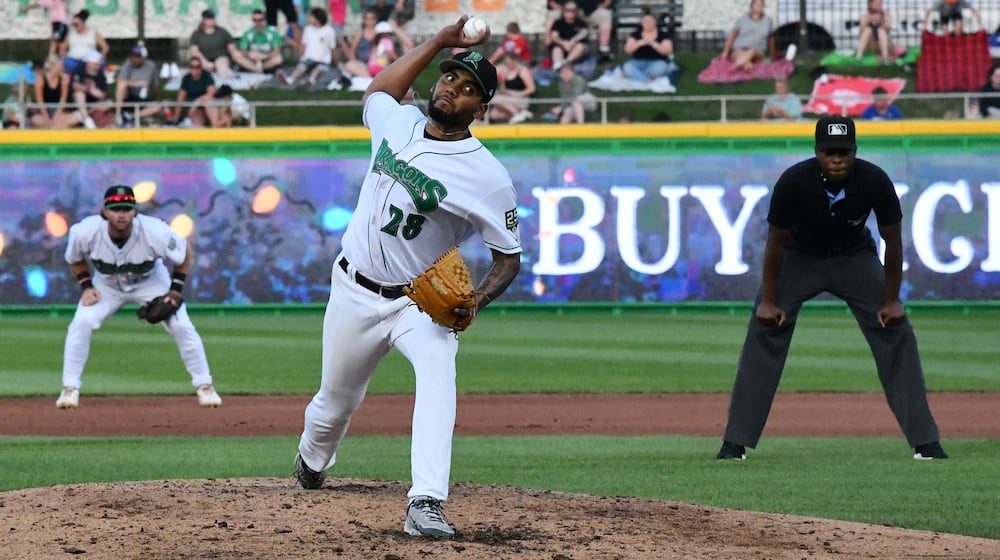 Dayton Dragons pitcher Nestor Lorant delivers a pitch during their game against the Peoria Chiefs on Saturday, Aug. 23 at Day Air Ballpark in Dayton. JEFF GILBERT/CONTRIBUTED