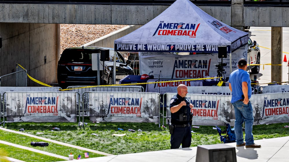 The tent where Charlie Kirk was fatally shot while speaking during an event at Utah Valley University in Orem, Utah, on Wednesday, Sept. 10, 2025. As shock over the assassination spread, to many of his conservative Christian supporters, the meaning was was immediate and nearly universal: Kirk is a martyr. (Kim Raff/The New York Times)