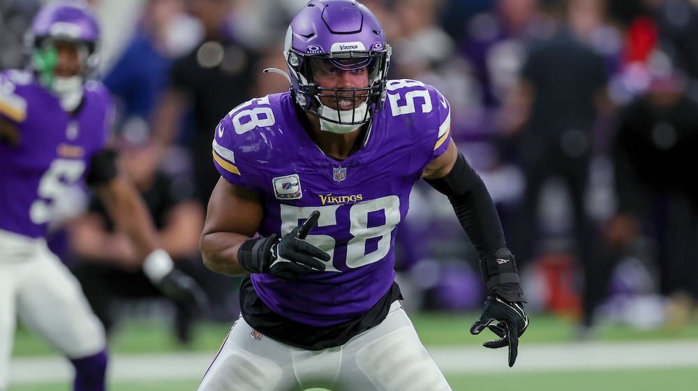 FILE - Minnesota Vikings linebacker Jordan Hicks (58) plays against the Kansas City Chiefs in an NFL football game Oct. 8, 2023 in Minneapolis. Hicks is aiming to return to the field this season after a scary injury to his right leg sent him to a hospital for emergency surgery. Hicks took a blow to the shin during a routine tackle during a game last month. He developed swelling, pressure and intense pain in a condition called compartment syndrome that can cause severe damage or death if left untreated. (AP Photo/Stacy Bengs, File)
