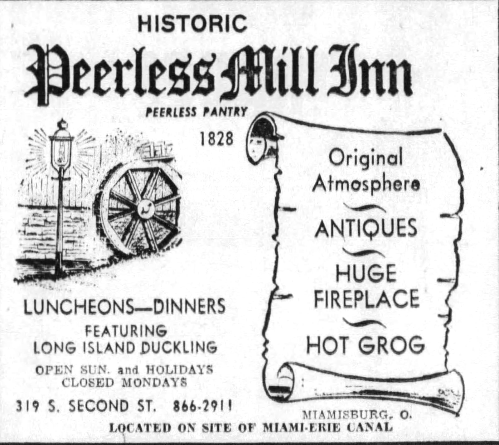 A 1964 advertisement in the Journal Herald for the Peerless Mill Inn. DAYTON JOURNAL HERALD ARCHIVES 1964.