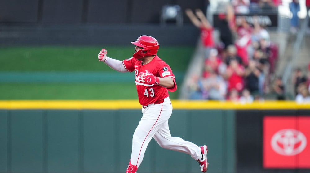 Cincinnati Reds' Sal Stewart reacts as he rounds the bases after hitting a two-run home run during the second inning of a baseball game against the New York Mets, Saturday, Sept. 6, 2025, in Cincinnati. (AP Photo/Jeff Dean)