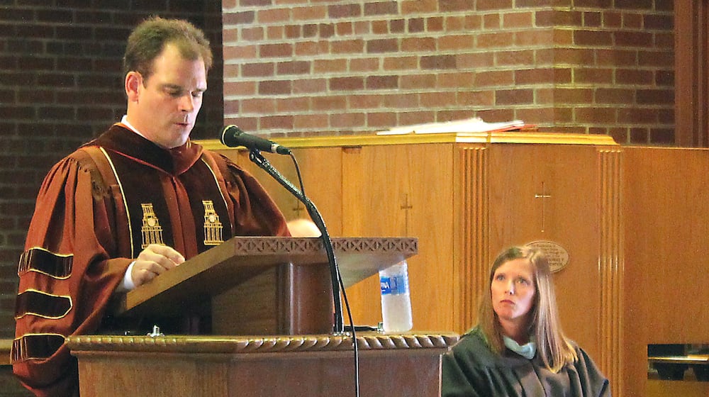 Wittenberg University President Michael Frandsen speaks at the school’s convocation. JEFF GUERINI/STAFF
