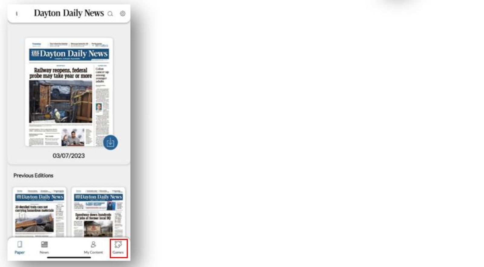 In the ePaper app, select the puzzle icon to play interactive games and puzzles on your device.