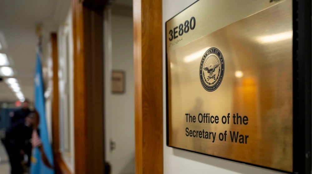 The secretary of war plaques are installed at the Pentagon, Washington, D.C., Sept. 3. (Department of War photo by U.S. Navy Petty Officer 2nd Class Aiko Bongolan)