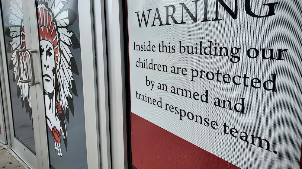 This file photo shows the warning sign you see entering Stebbins High School. Mad River School district staff members volunteered to be a armed and trained response team and were approved by the district administrators as well as law enforcement. FILE