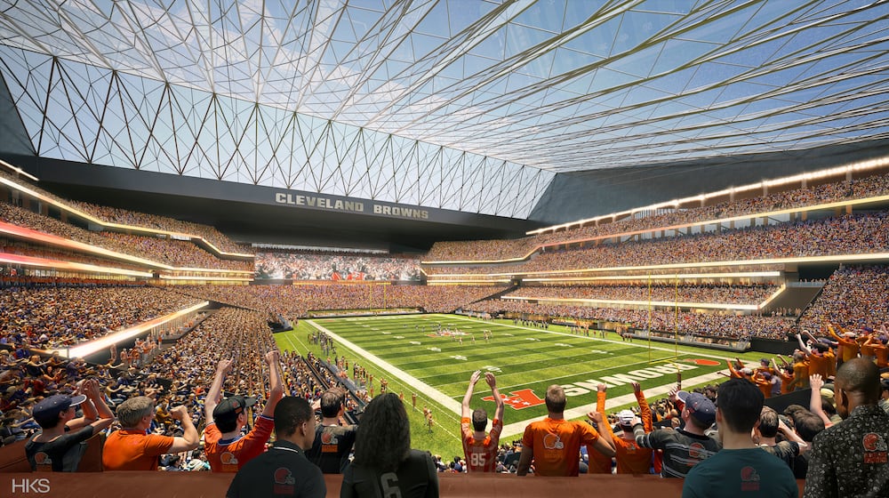 This artists rendering provided by HKS shows a proposed domed stadium for the Cleveland Browns. (HKS/Cleveland Browns via AP)