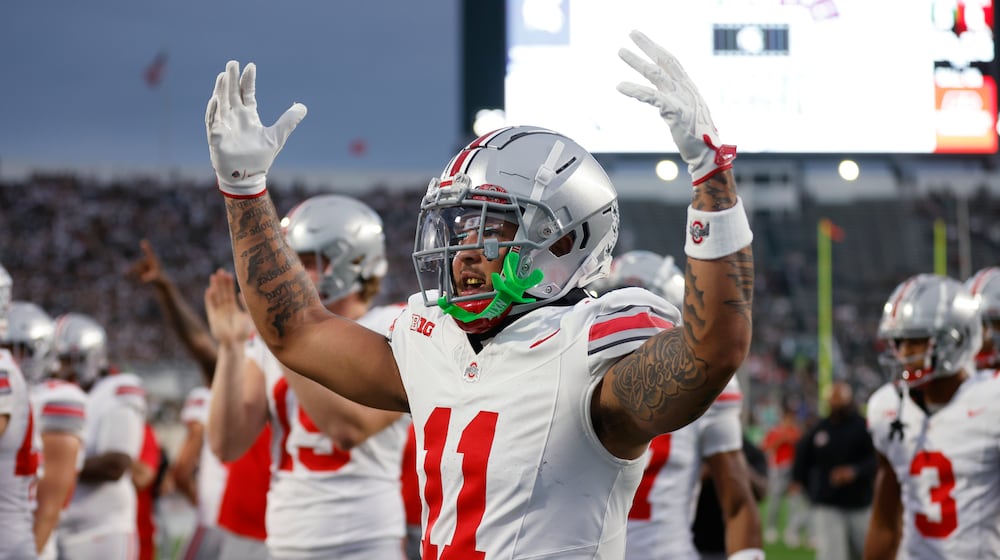Ohio State linebacker C.J. Hicks reacts during warmups before an NCAA college football game against Michigan State, Saturday, Sept. 28, 2024, in East Lansing, Mich. (AP Photo/Al Goldis)