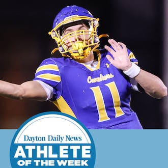 Lehman Catholic senior quarterback Turner Lachey throws during a Three Rivers Conference game against Northridge on Thursday, Sept. 11 at Sidney Memorial Stadium. Lachey has thrown for 20 touchdowns in the squad's first four games. BRYANT BILLING / STAFF