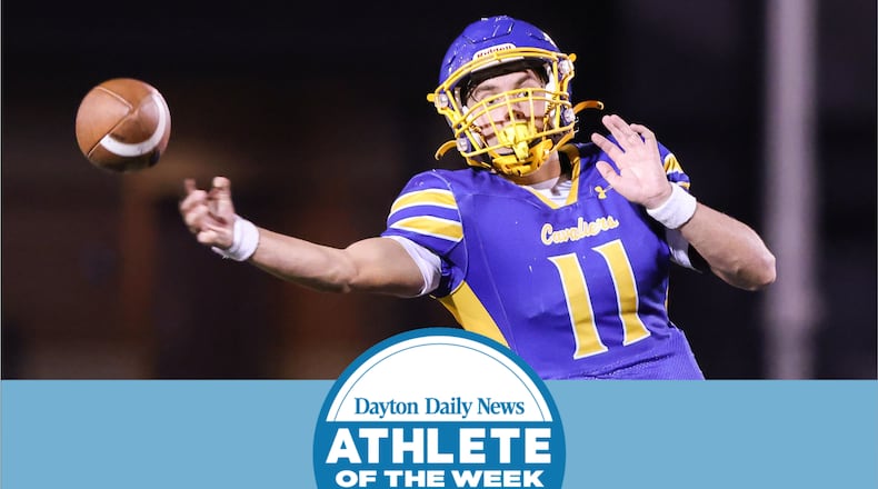 Lehman Catholic senior quarterback Turner Lachey throws during a Three Rivers Conference game against Northridge on Thursday, Sept. 11 at Sidney Memorial Stadium. Lachey has thrown for 20 touchdowns in the squad's first four games. BRYANT BILLING / STAFF