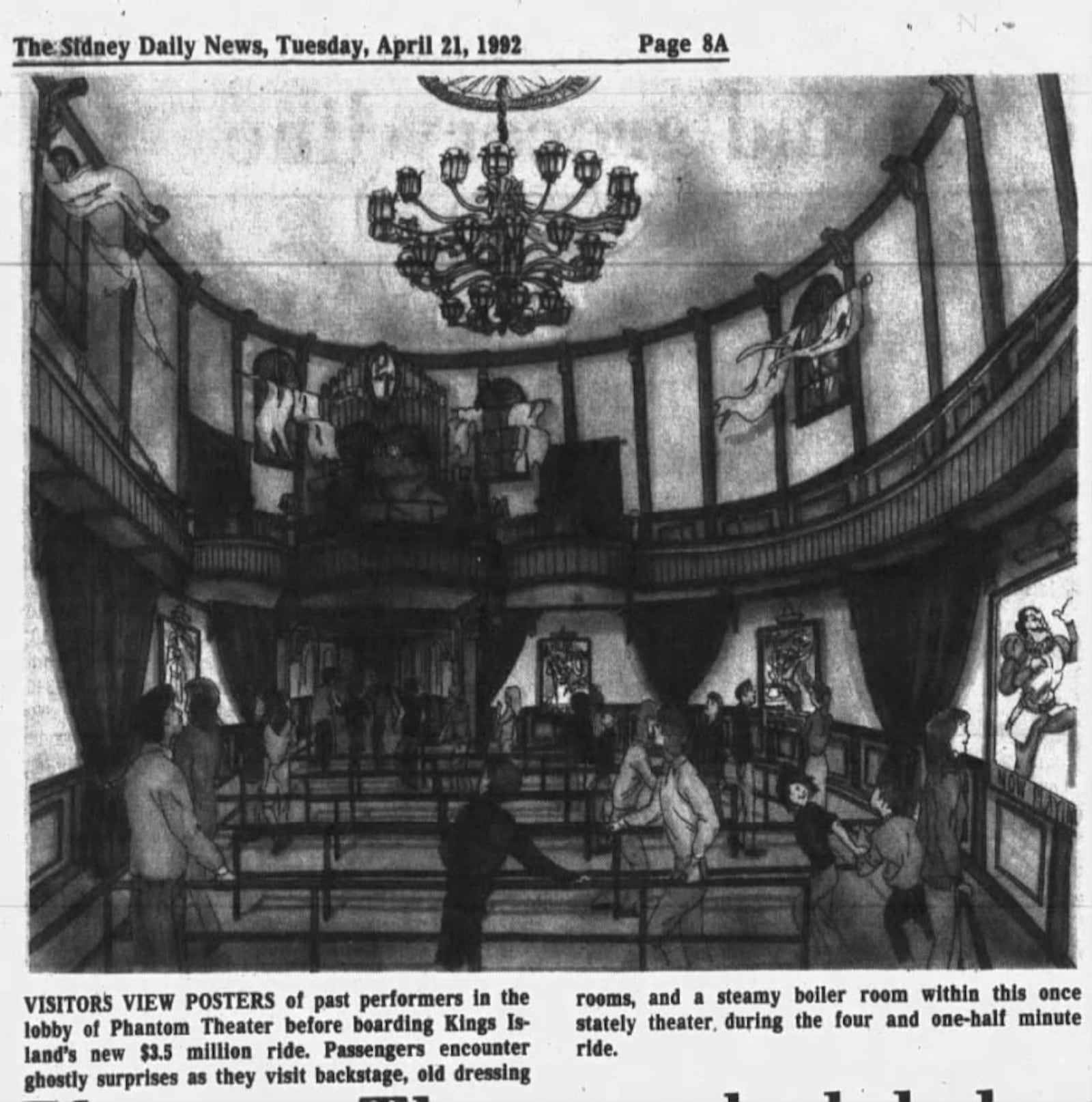 A Sidney Daily News article from 1992 showing off concept art for Kings Island's then-upcoming Phantom Theater Attraction