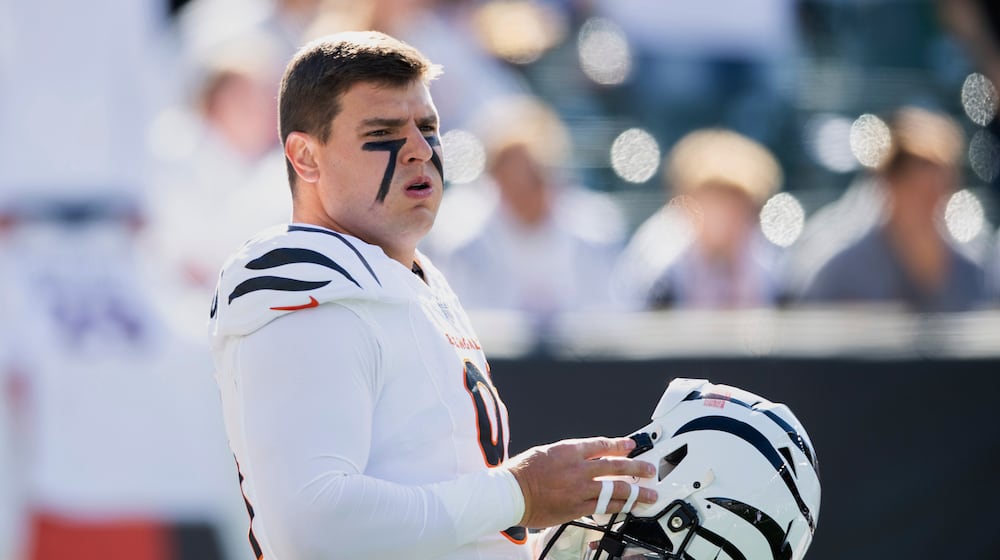 FILE - Cincinnati Bengals defensive end Trey Hendrickson (91) warms up before an NFL football game against the Philadelphia Eagles on Sunday, Oct. 27, 2024, in Cincinnati. (AP Photo/Emilee Chinn, File)