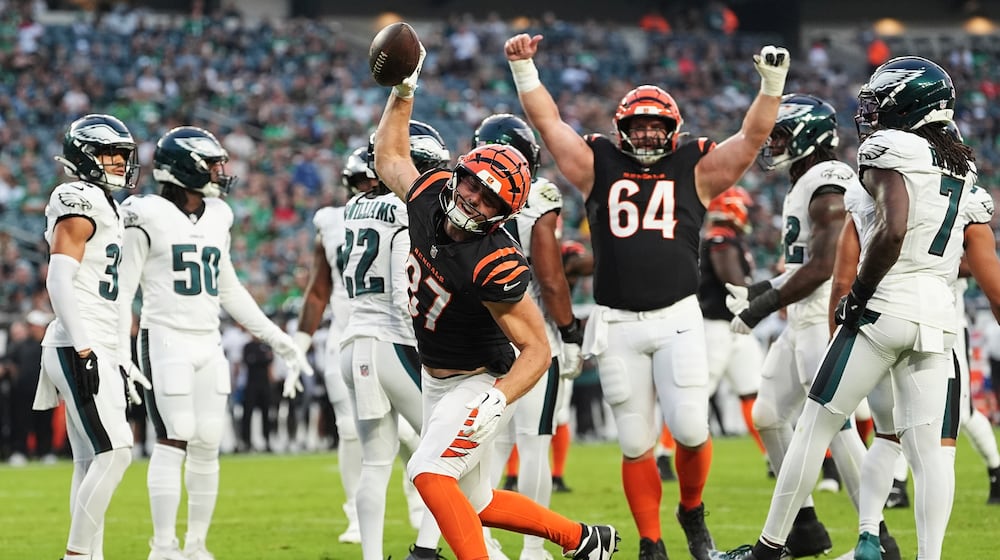 Cincinnati Bengals tight end Tanner Hudson (87) celebrates his touchdown during the first half of an NFL preseason football game against the Philadelphia Eagles on Thursday, Aug. 7, 2025, in Philadelphia. (AP Photo/Matt Rourke)