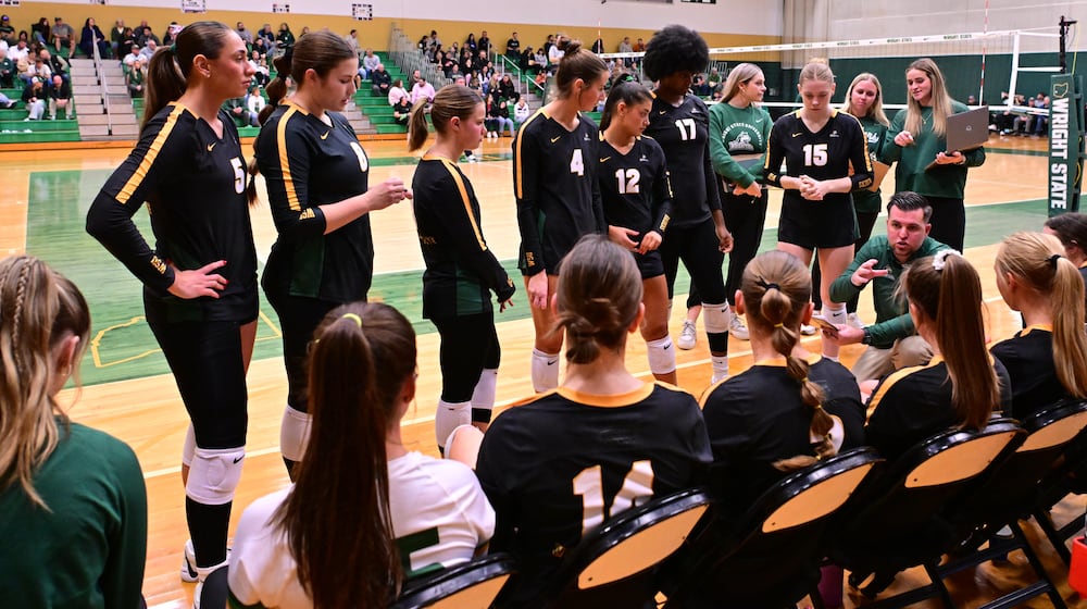Wright State University women's volleyball coach Travers Green talks to his team during their game against Indiana Purdue Fort Wayne last season. JOSEPH CRAVEN/WRIGHT STATE ATHLETICS