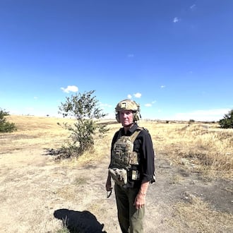 A little over a week ago Larry Connor, pictured here at a destination he said he could not reveal, took his third trip to the Ukrainian front lines in the war with Russia. He joined Task Force Antal which is doing great humanitarian work in the towns under siege in the war zone. (Contributed Photo)