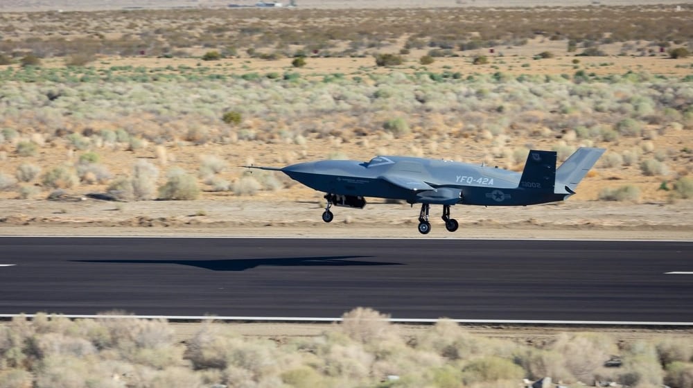 A YFQ-42A Collaborative Combat Aircraft lands after a test flight at a California test location. Air Force photo.